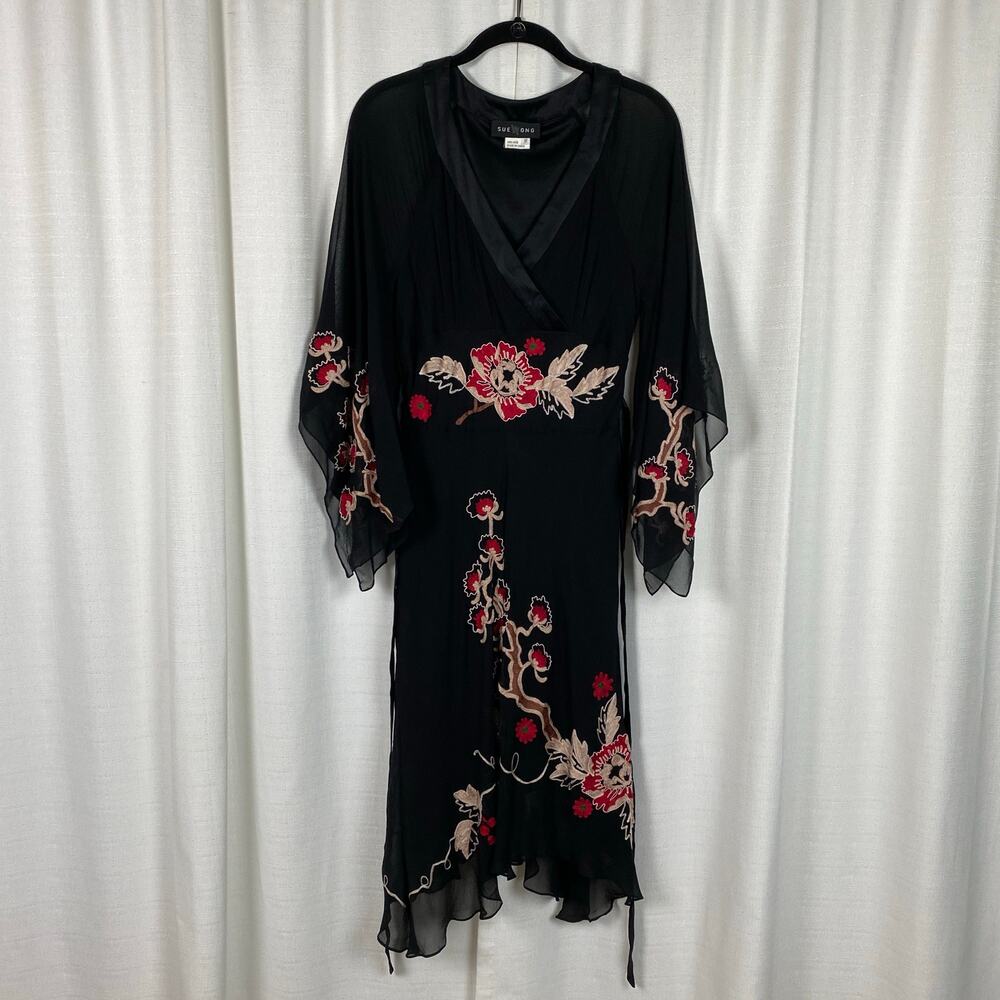 Sue Wong Black and Red Floral Midi Dress